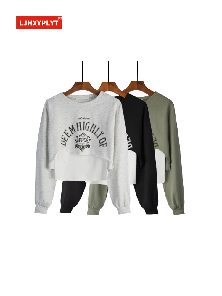 

Camisole + Long-sleeved Letter Print T-shirt Two-piece Women's Spring Autumn New Design Thin Irregular Pullovers Top Set Female