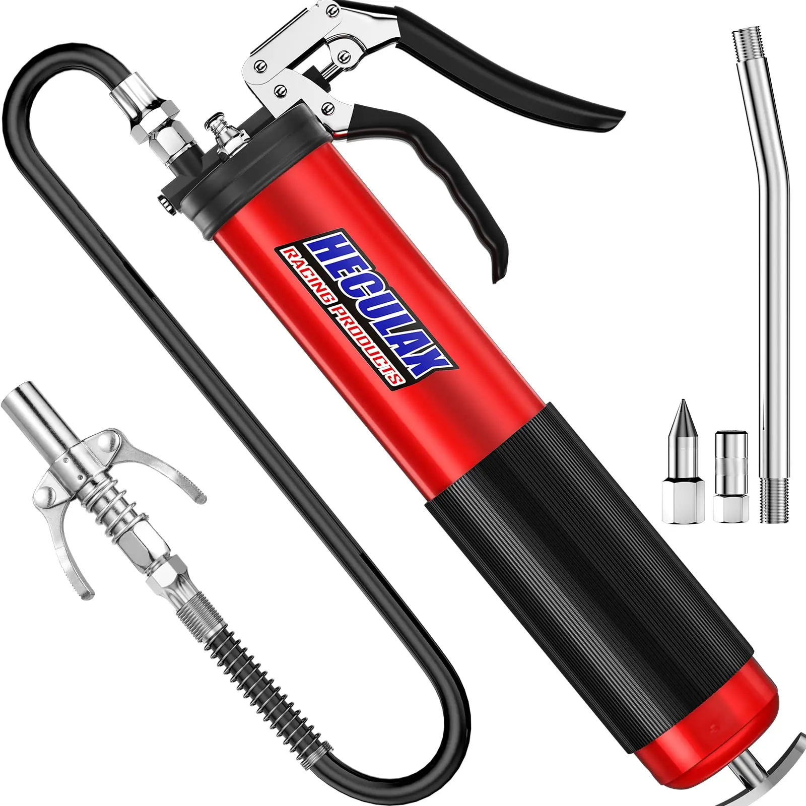 Фото Шприц для смазки Bravex 6000 PSI повышенной прочности с быстросъемным соединением, пистолетный, с комплектом для подачи смазки, емкость 14 унций, гибкий шланг 18 дюймов, красный №1