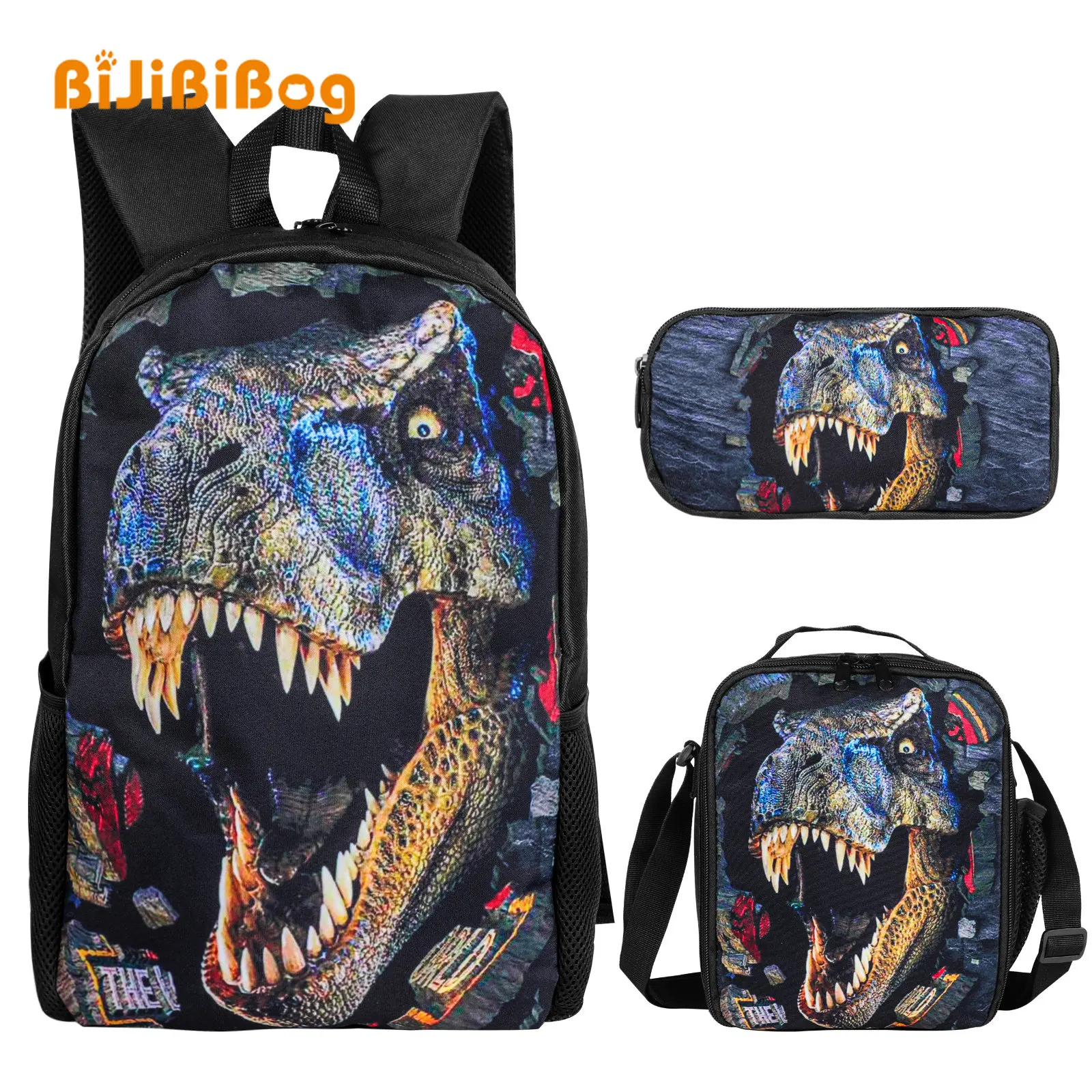 3 Pcs School Bag Set with Thermal Insulated Lunch Bag Pencil Bag Dinosaur Printed Boys Backpacks