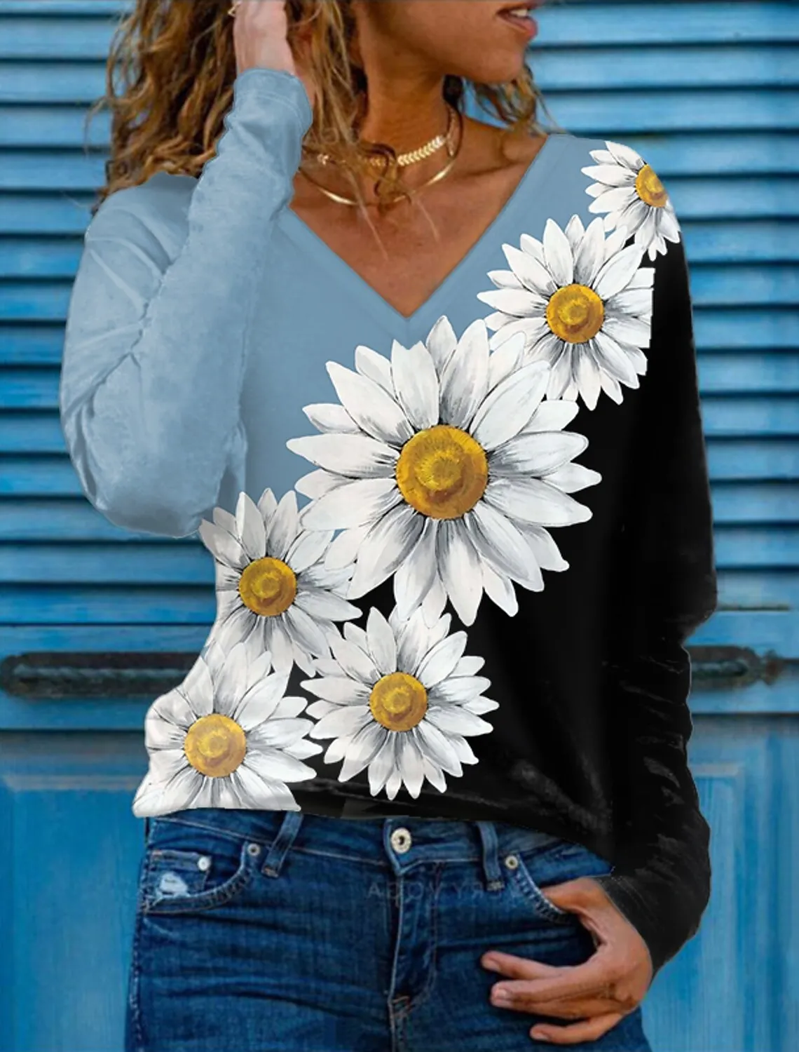 

Women's T shirt Tee White Yellow Pink Color Block Daisy Print Long Sleeve Holiday Weekend Basic V Neck Regular Floral Painting S
