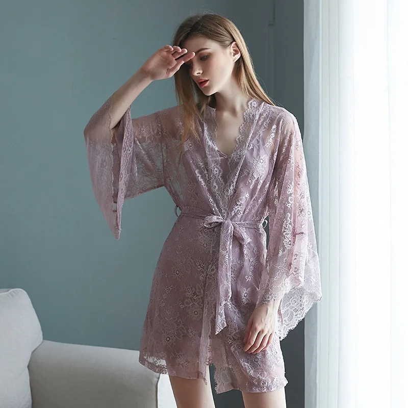 New Ice Silk Sling Nightdress Lace Sexy Nightgown Two-piece Set Silk Pajamas Ladies Sexy Home Clothes