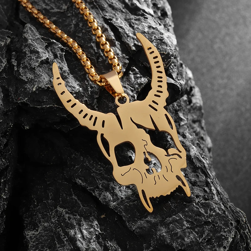 Ожерелье мужское из нержавеющей стали готический кулон в виде черепа рога