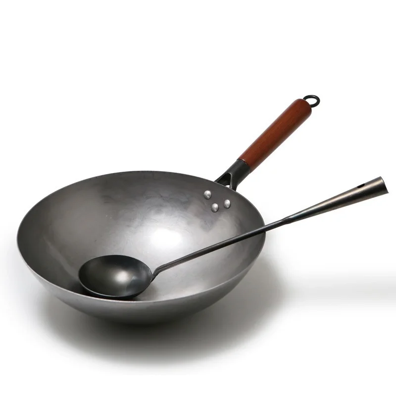 Китайский традиционный железный вок ручной работы большой с деревянной ручкой