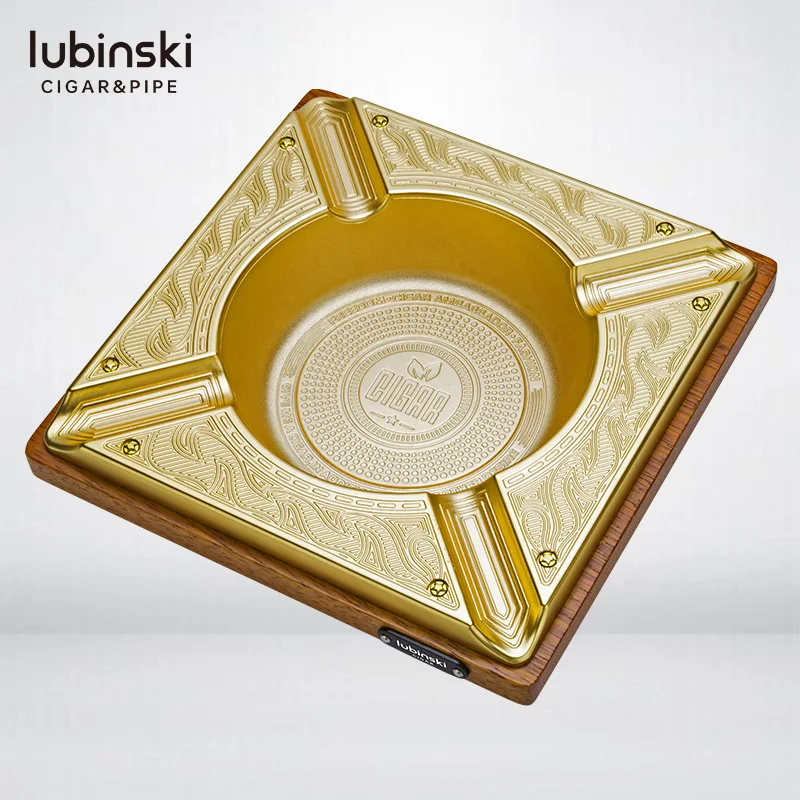 

Lubinski Vintage Gold Wooden Cigar Ashtray Hold 4 Cigars Decorative Office Living Room Square Ashtrays With Gift Box Wholesale