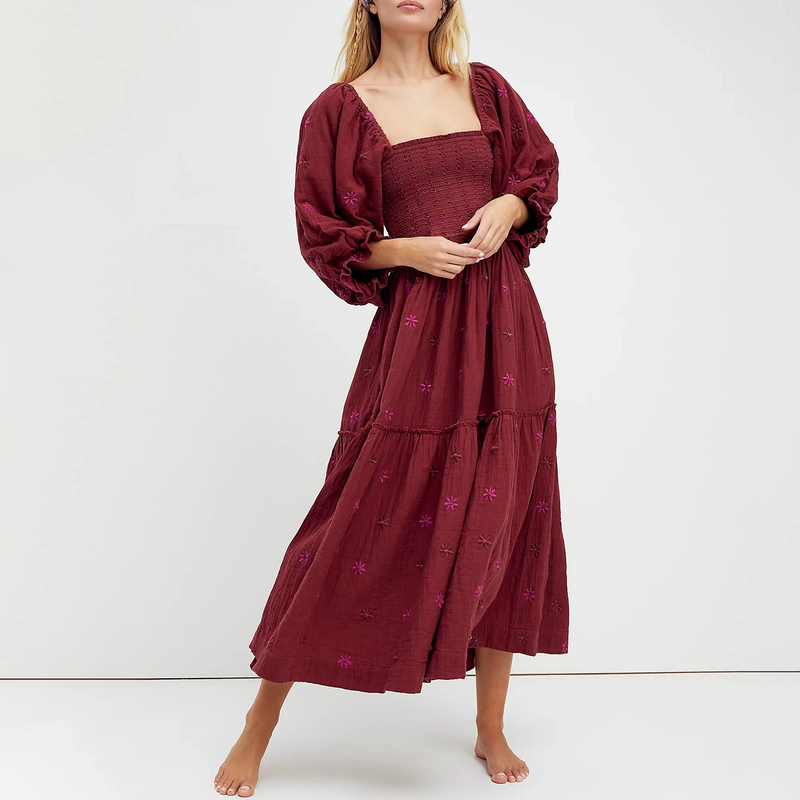 Женское длинное платье с цветочной вышивкой богемное трапециевидной формы