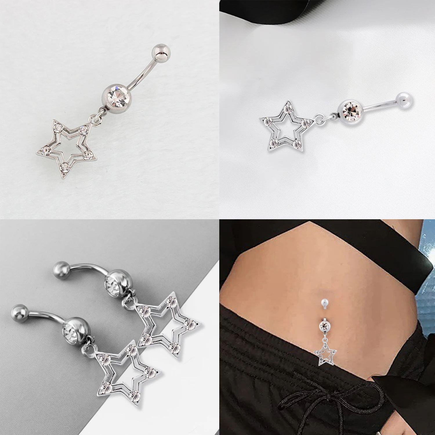 

1PC New Hollow Star Belly Button Rings Long Dangled Bar Stainless Steel Belly Piercing Ring Shinny Crystal Charming Body Jewelry