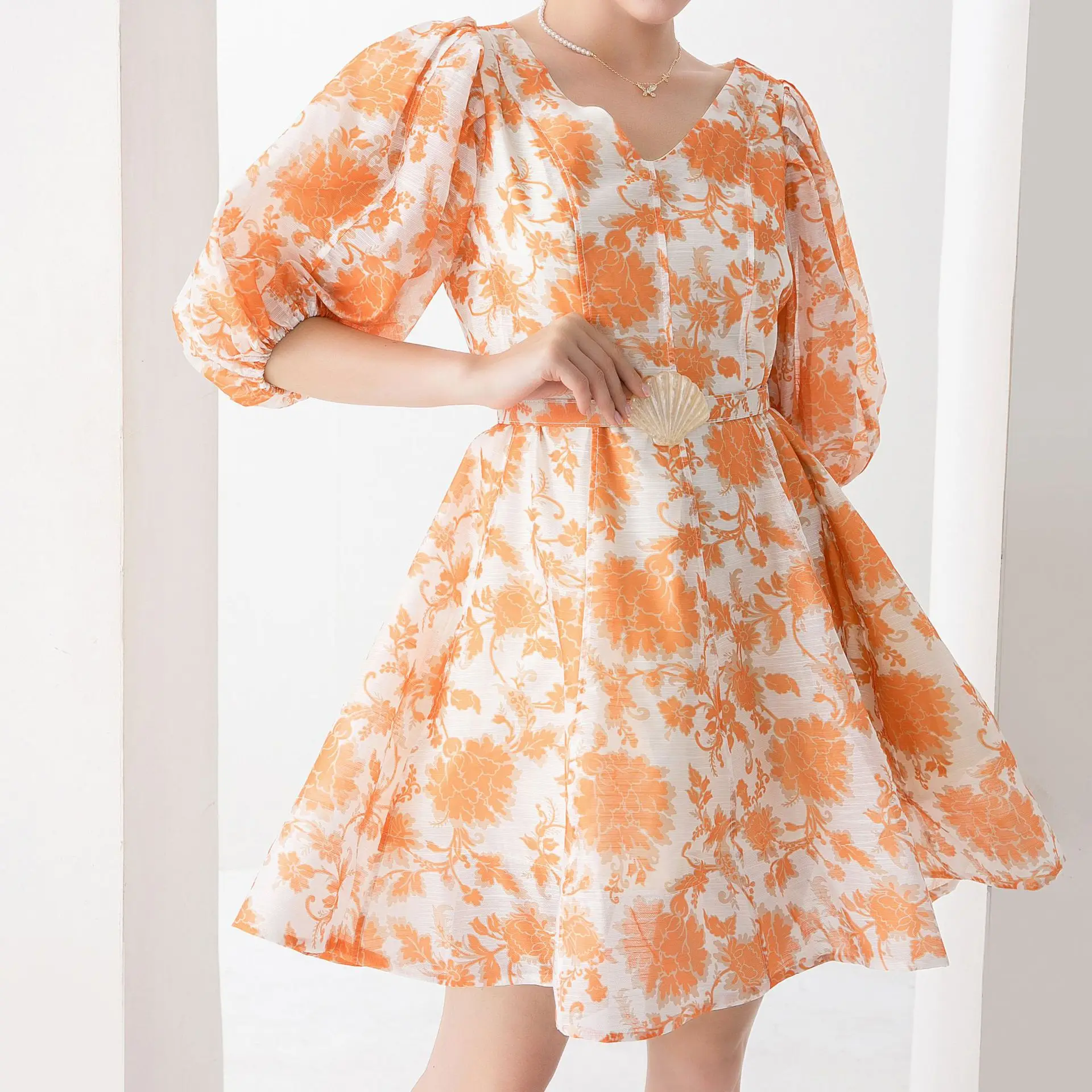 

SuperAen 2022 Summer Fashion V-neck Puff Sleeve High Waist with Belt Printing A-LINE Casual Dresses for Women