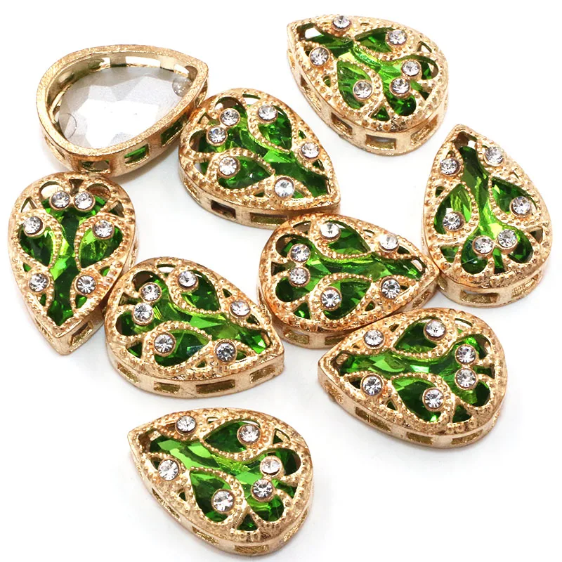 

Hot Selling Grass Green 5pcs/Bag Drop Shape Crystal Glass Stone Sewing Rhinestones With Nest Gold Claw For DIY Jewelry Making