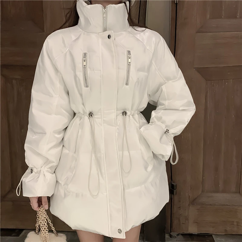 Luxurious Women's Winter Cotton Coat Casual Loose Warm White Skirt Parkas Stand Collar Elegant Overcoat Woman Korean Long Jacket