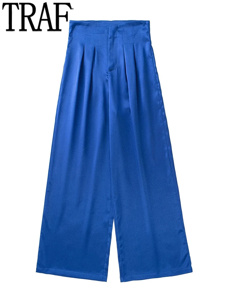 

TRAF Blue Wide Leg Pants Women High Waist Satin Woman Trousers Streetwear Casual Baggy Pants Sets Pleated Elegant Women's Pants