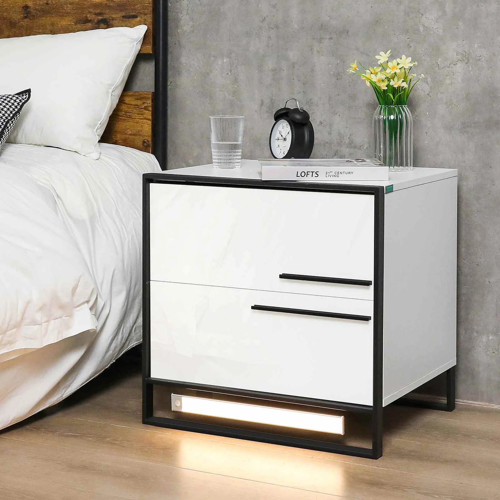 

Auto Led Nightstand with High Gloss Drawer Led Bedside Table with Metal Frame Night Stand Table with Magnetic Infrared Sensing