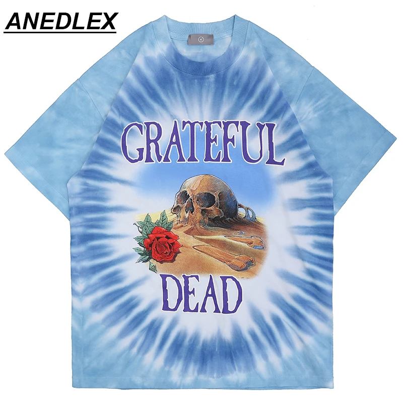 

Men Streetwear Tie Dye T-Shirt Harajuku Desert Skull Rose Printed T-shirt 2022 Summer Fashion Casual Short Sleeve Cotton Top Tee