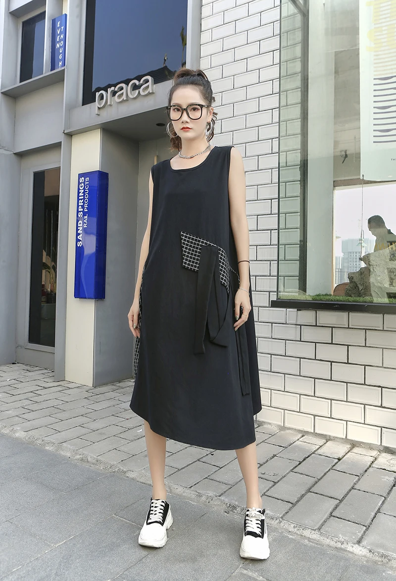 

220326 Casual Vest Dress Irregular Plaid Folds Patchwork Cotton Linen Sleeveless Dress Loose Fashion Casual Simplicity New Women