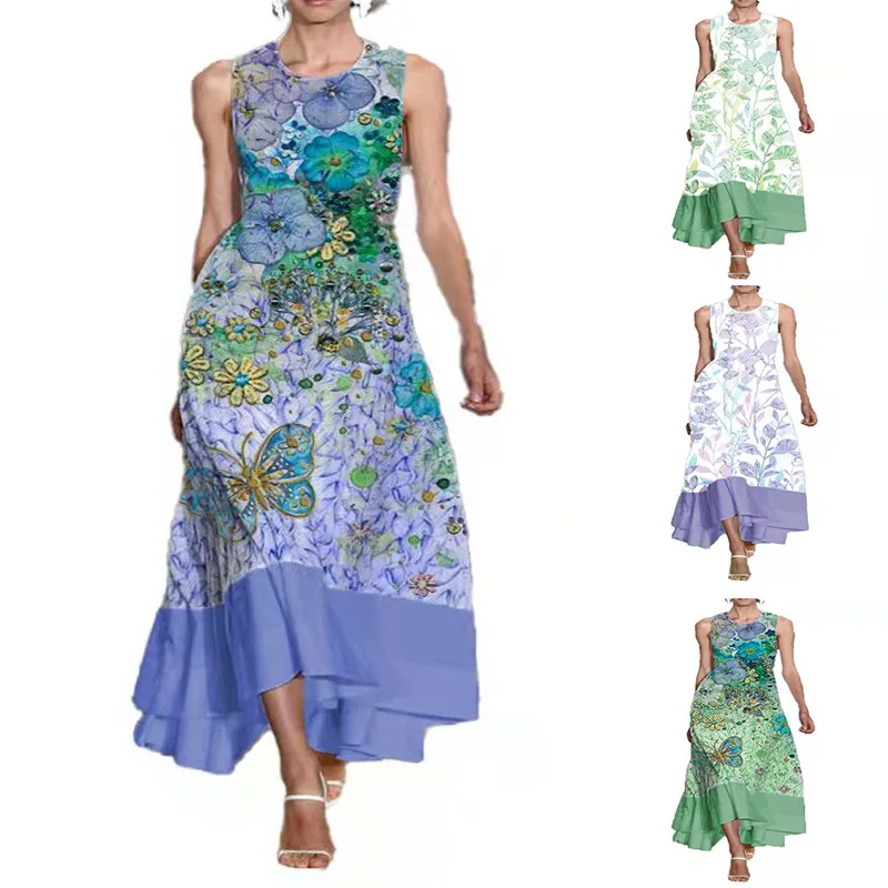 

Women New Loose Floral Vintage Pocket Ruffles Befree Dress Large Big Summer Sleeveless Vest Party Elegant Maxi Dresses