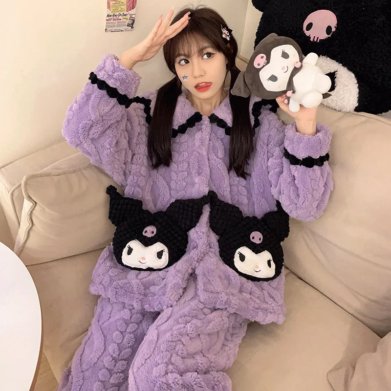 

Kawaii Sanrio пижамы Kuromi Cinnamoroll Pachacco Коралловая флисовая женская зимняя с длинными рукавами фланелевый утепленный теплый домашний костюм