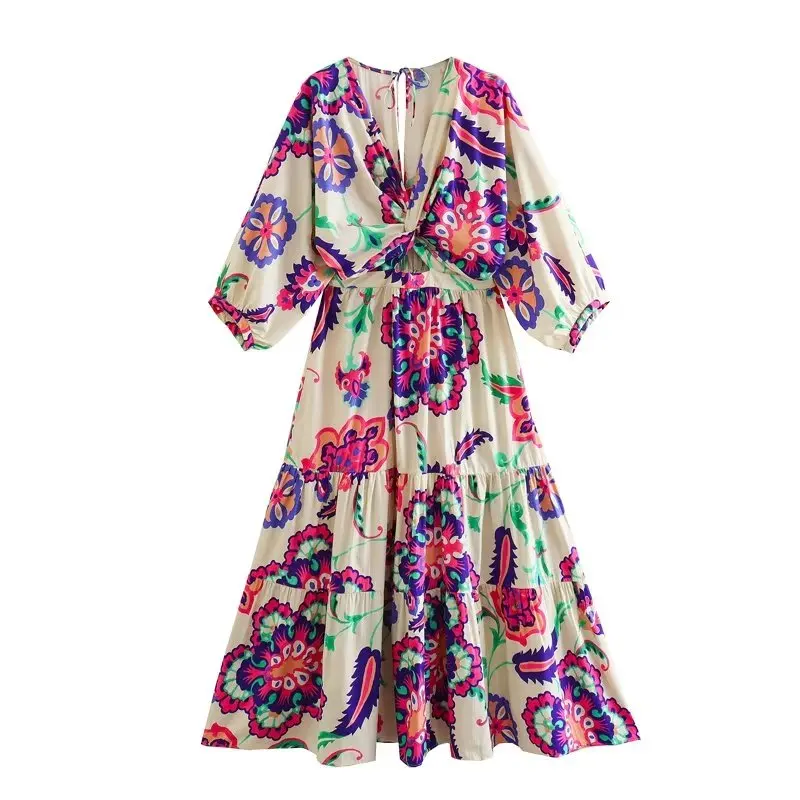 

VANOVICH New 2023 Spring European and American Vintage V-neck Folds Fashion Printed Long Dress Women Three Quarter Sleeve Dress