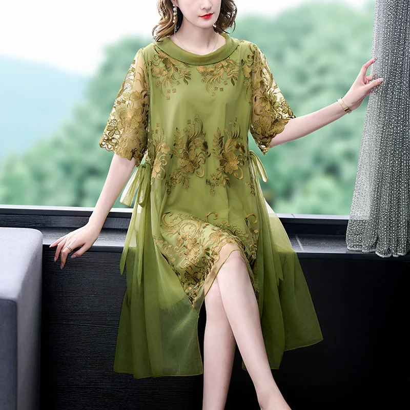 

Модное Элегантное летнее платье 2023, платье для выпускного вечера, свободное женское платье, винтажное Повседневное платье с цветочной вышивкой в Корейском стиле, Новая зеленая сетка средней длины