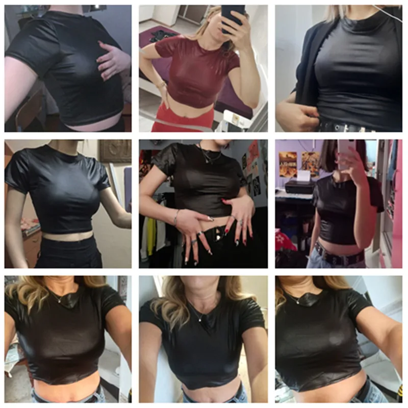 Women Faux Leather T-Shirt Crop Tops Short Sleeve Sexy Punk Midriff Tee Clubwear Women Shirt футболка Women Crop Top