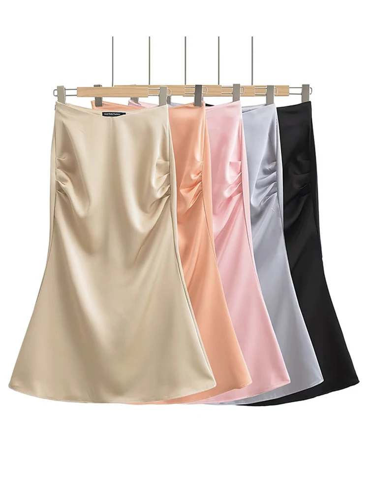

Elegant Ruched High Waist Mermaid Long Skirt Summer Women Satin Skirts