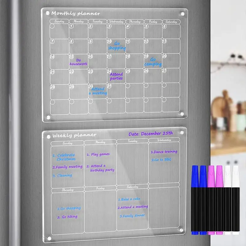 

Transparent Magnetic Calendar for Fridge Dry Erase Board Refrigerator WhiteBoard with 4 Markers and Pen Holder
