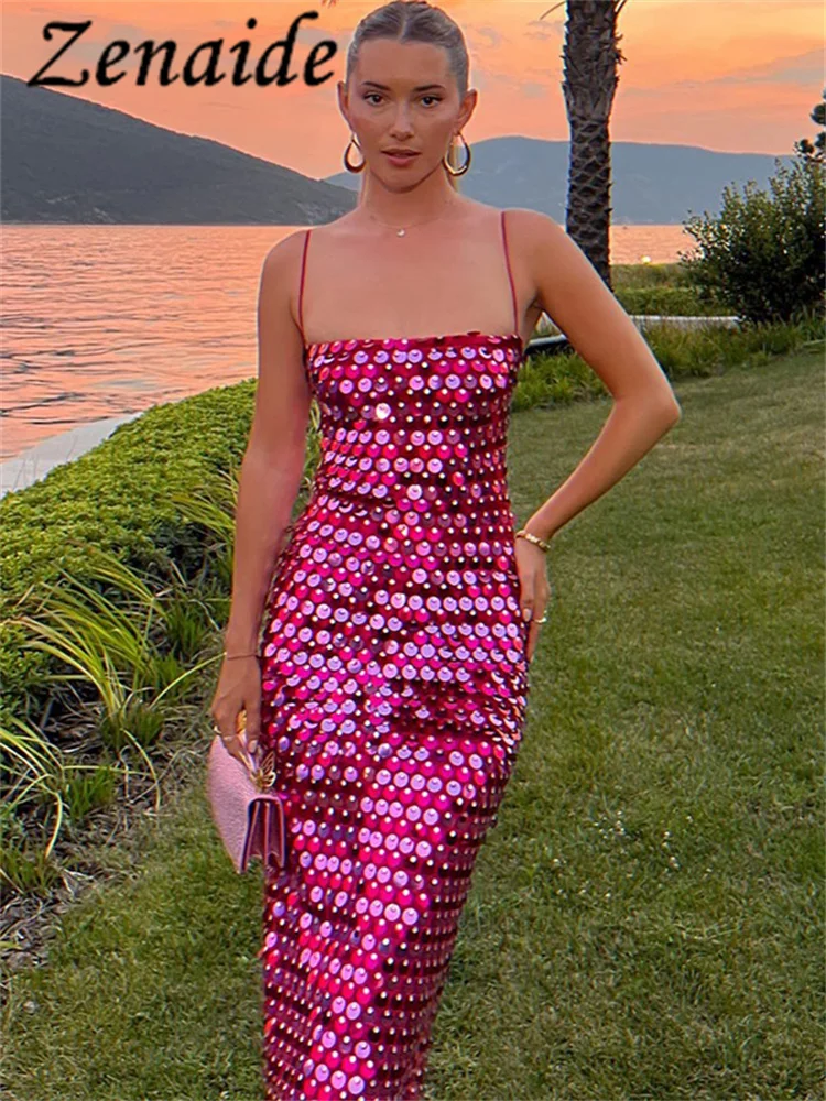 

Женское блестящее платье Zenaide с блестками на бретелях-спагетти, элегантное розовое платье с открытой спиной для фестиваля
