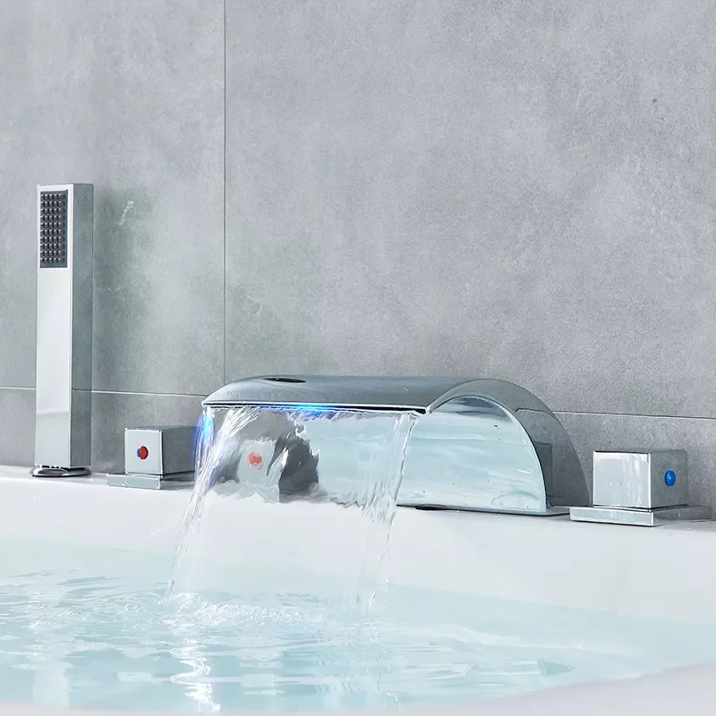 

LED Waterfall Bathtub Shower Faucet Widespread Tub Sink Faucet Three Handles Hot Cold Water Mixer Shower Faucet Bath Tap