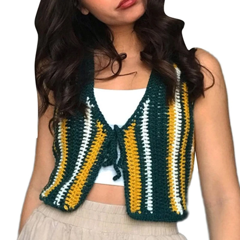 

Women Summer Boho Crochet Crop Top Vest Contrast Color Striped Lace-Up Open Front Sleeveless Mini Cardigan Sexy V-Neck Waistcoat