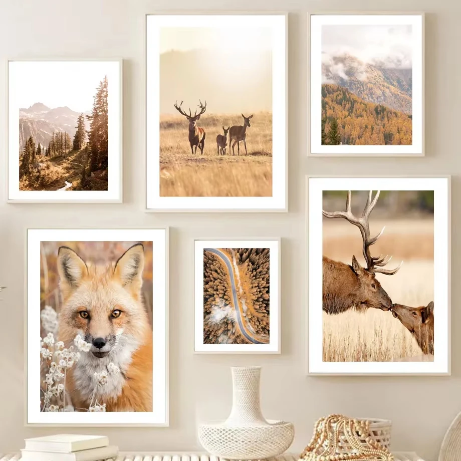 Осенняя пшеничная белка лес лиса олень стена искусство канвалайнговые