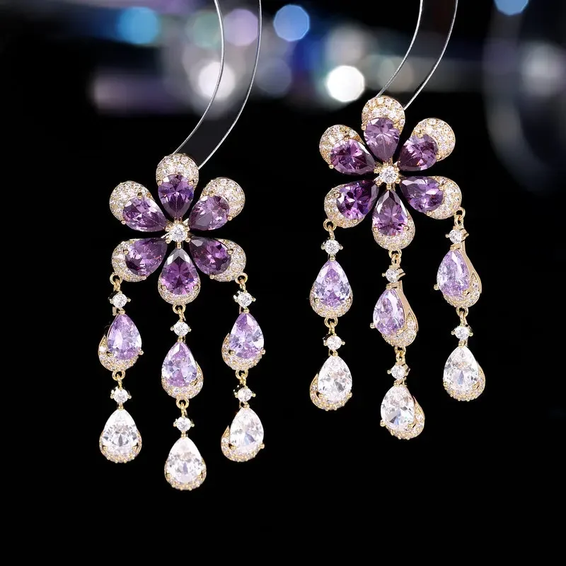 

Charms Purple Crystal Flower Water Droplet Tassel Earrings Dress Accessory for Women's Jewelry Wedding Anniversary Gift Vintage