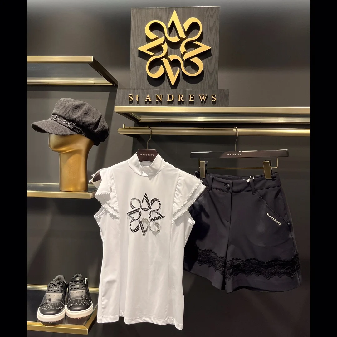 Women Golf Retro Stand-Up Collar Lotus Ruffle Shirts