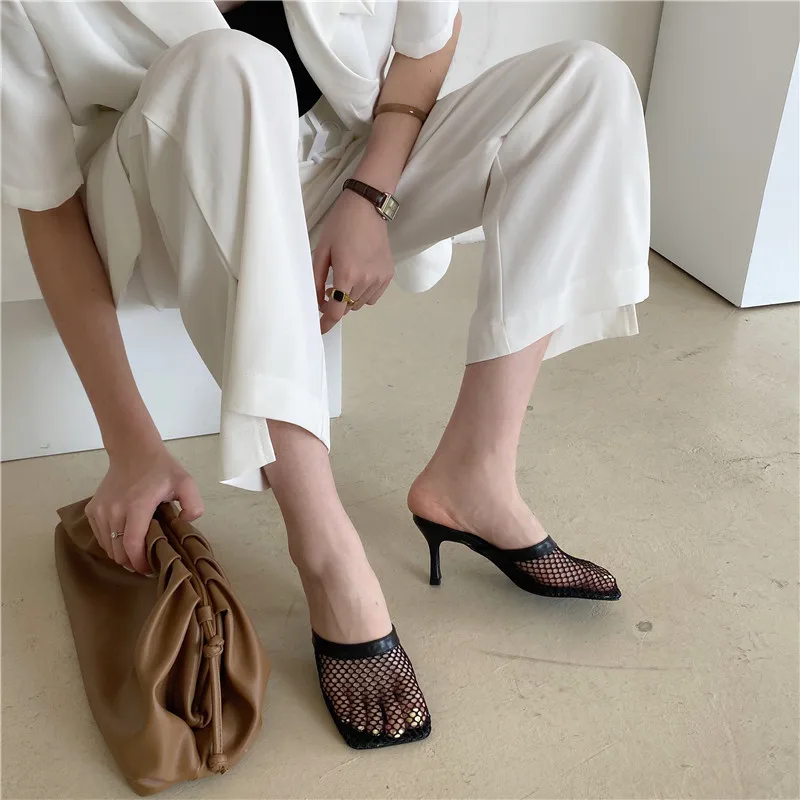 

New Hollow Breathable Mesh Woman Thin High Heels Slippers Summer Vintage Square Toe Sandals Mules Femme Shoes Pumps Large size43