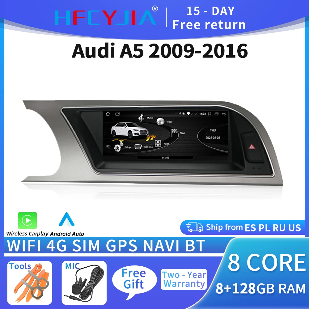 

8.8 8 Core Android 10 System Car GPS Navi Receiver For Audi A5 2009-2016 WIFI 4G Carplay 8+128GB Google BT IPS Touch Multimedia