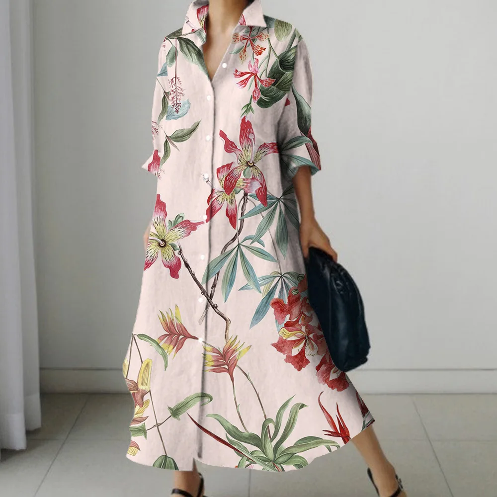 Платье-рубашка с длинным рукавом и принтом листьев