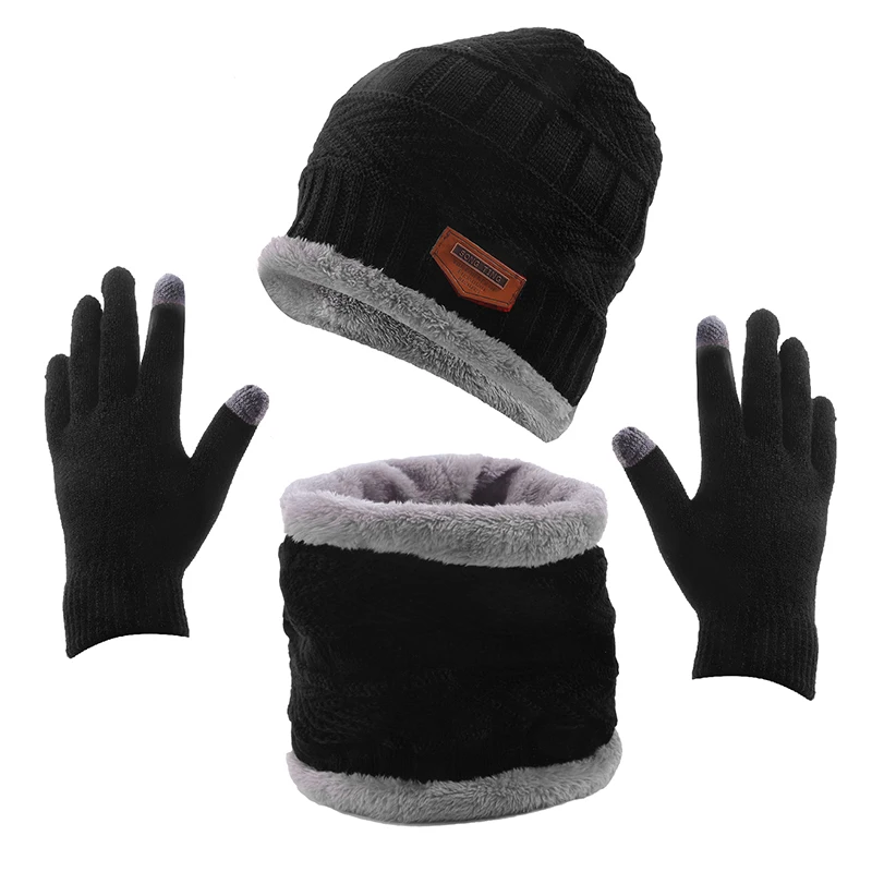 

Unisex Beanies Hat Ring Scarf Gloves Set Winter Knitted Thick Warm Women Men Solid Retro Beanie Hat Soft Touch Screen Gloves