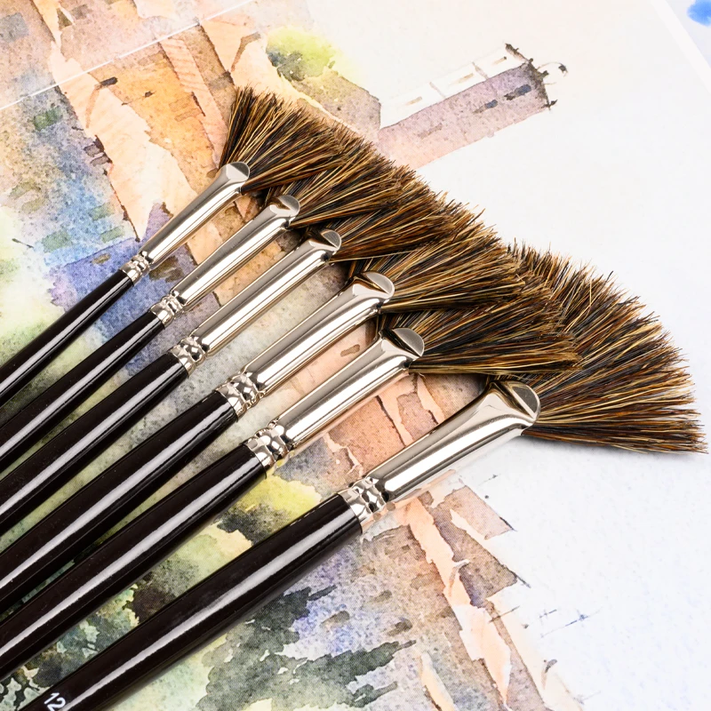 

Boar Bristle Hair Fan Brush Oil & Acrylic Painting Brush Tree Grass Artist tools Long Wooden Handle 602FAN MU HE ART