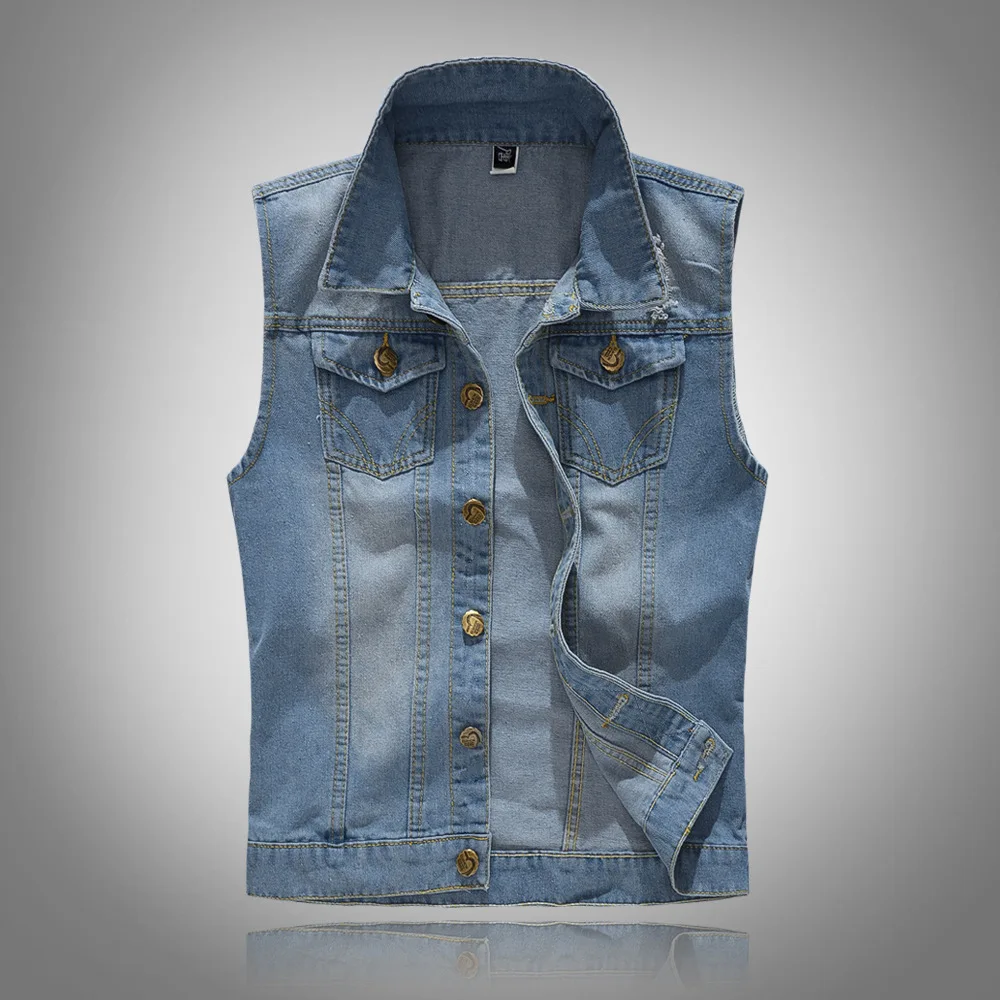 

2022 Men's Slim-Fit Light Blue Denim Vest Teenagers Ripped Leisure Vest