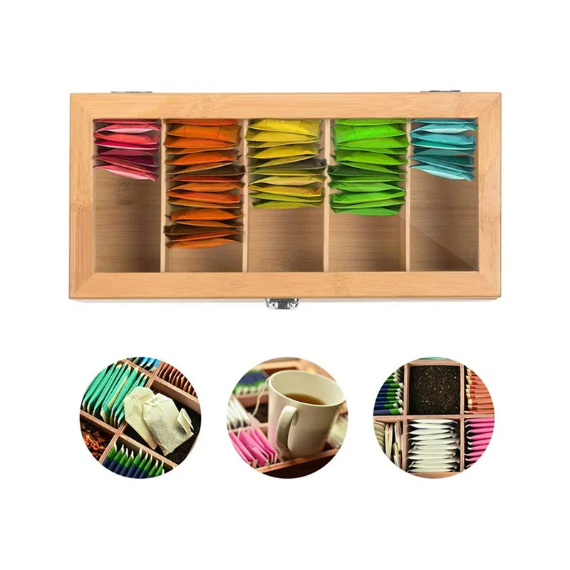 

5-Compartment Retro Wooden Tea Box Bamboo Tea Bags Coffee Storage Box Coffee Display Case Desktop Tea Leaf Storage For Home