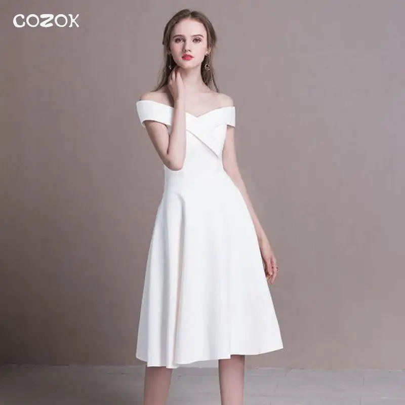

COZOK Slash Neck Sexy Cheongsam Lady White Short Evening Party Dress Gown Satin Summer New Qipao Zipper Romantic Robe De Soiree