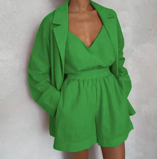 

Women's Elegant 3 Piece Set Suit 2023 Summer Fashion V-Neck Vest Top Small Blazer Coats Casual Loose Shorts Set Women Streetwear