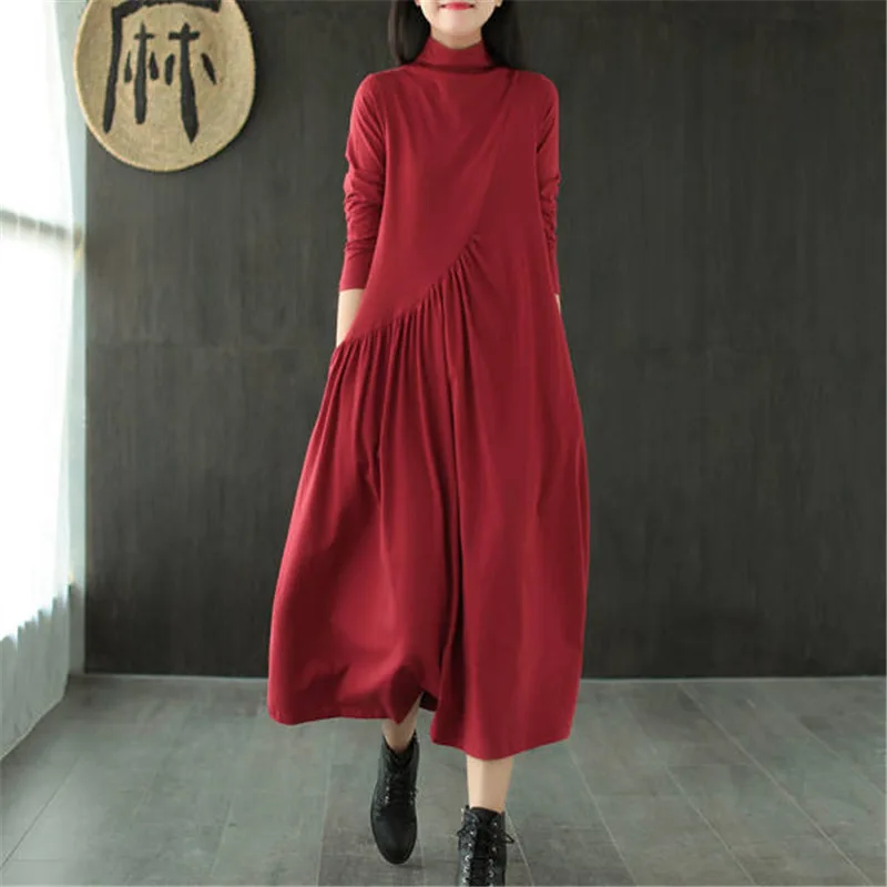 

2023 Women's dress spring literary retro loose half high neck middle oldest female skirt skirt western style slimming dresses