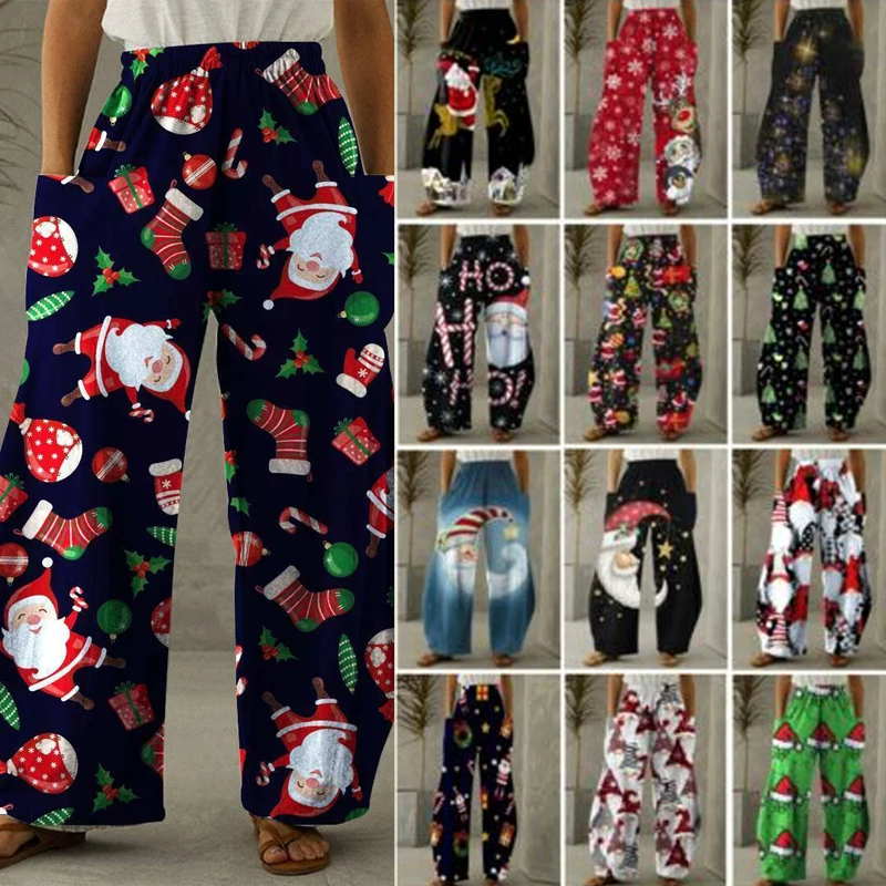 

Women Christmas Loose Pockets Casual Bottoms Trousers Wide Straight Wide Leg Pants Sweatpants High Waist Loose Bloomer Lady 5XL
