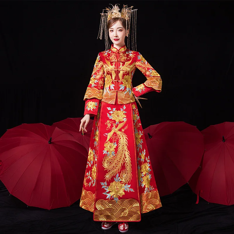 Yourqipao Wedding Dress Women Xiuhe Clothing New Spring and Summer Chinese Wedding Dress Slim-fit Dragon and Phoenix Coat Toast