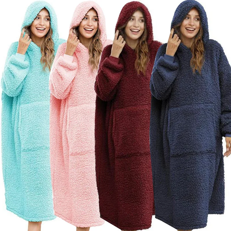 

Solid Color Oversized Hoodie Blanket With Sleeves Sweatshirt Winter Fleece Hoody Women Pocket Man Female Wearable Blanket