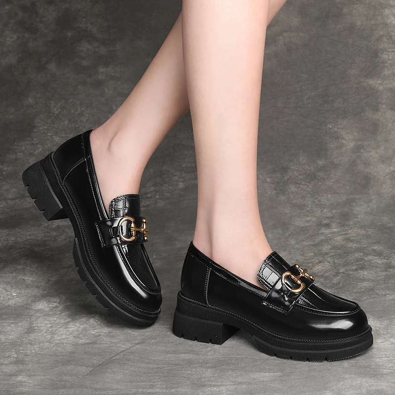 

Chunky Loafers Women Genuine Cow Leather Black Platform Shoes Round Toe Metal Chain Slip on Ladies Flats Handmade 2022