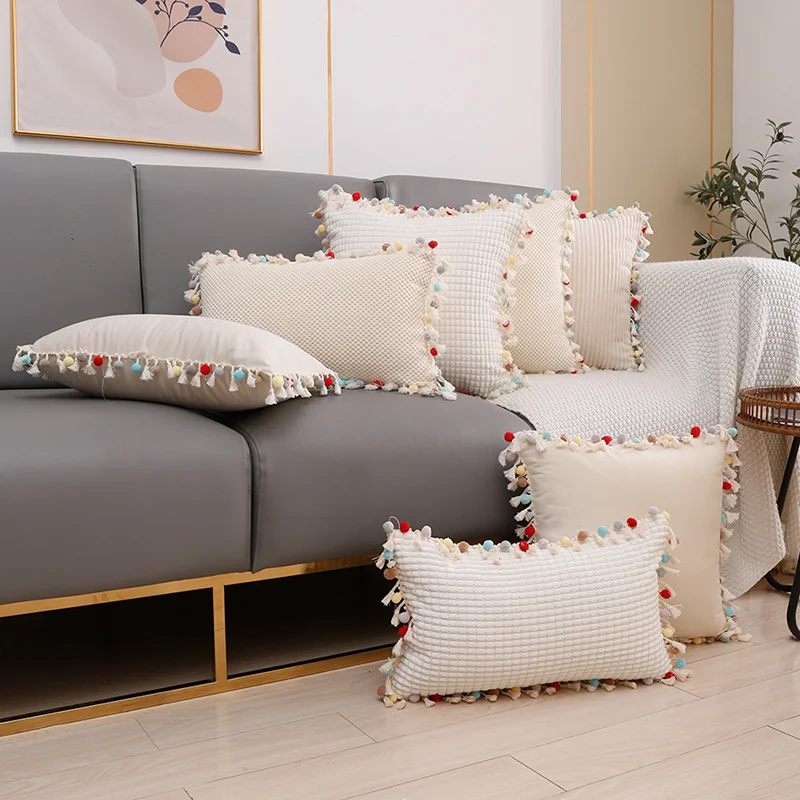 

Декоративный Чехол-Подушка с кисточками и помпоном для дивана, однотонный чехол-подушка 45x4 5 см/30x5 см, домашний декор для гостиной