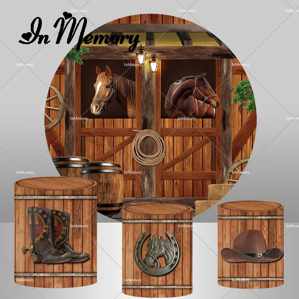 Круглый фон для вечеринки в деревенском стиле с лошадью мальчиков ковбой день