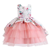 kids girls floral print tiered tulle patchwork party dress sleeveless round neck fluffy dress for celebration