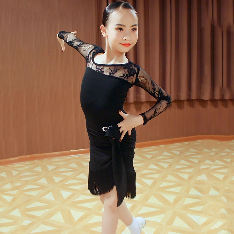 Женское кружевное платье для латиноамериканских танцев черное боди с юбкой
