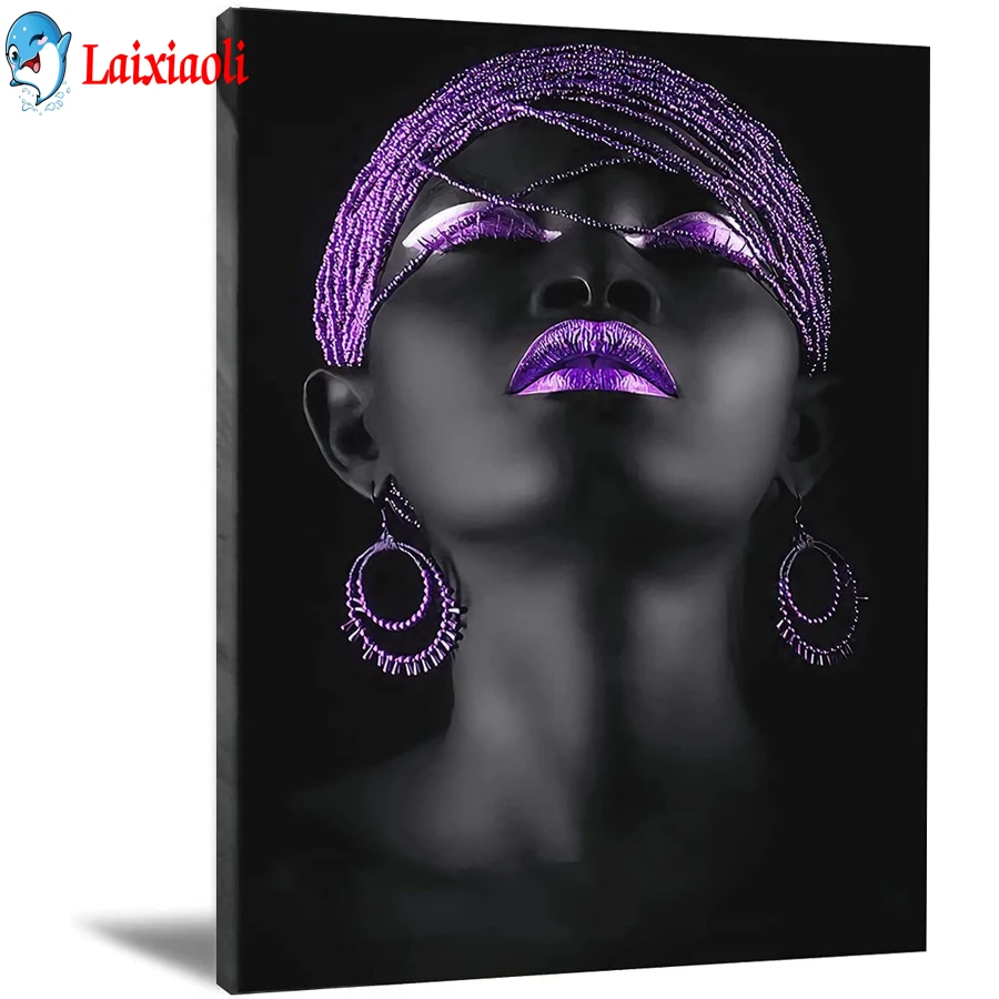 

African american purple earring necklace black pretty girl 5D Diamond Painting full Square/Round Cross Stitch Kit DIY Home Decor