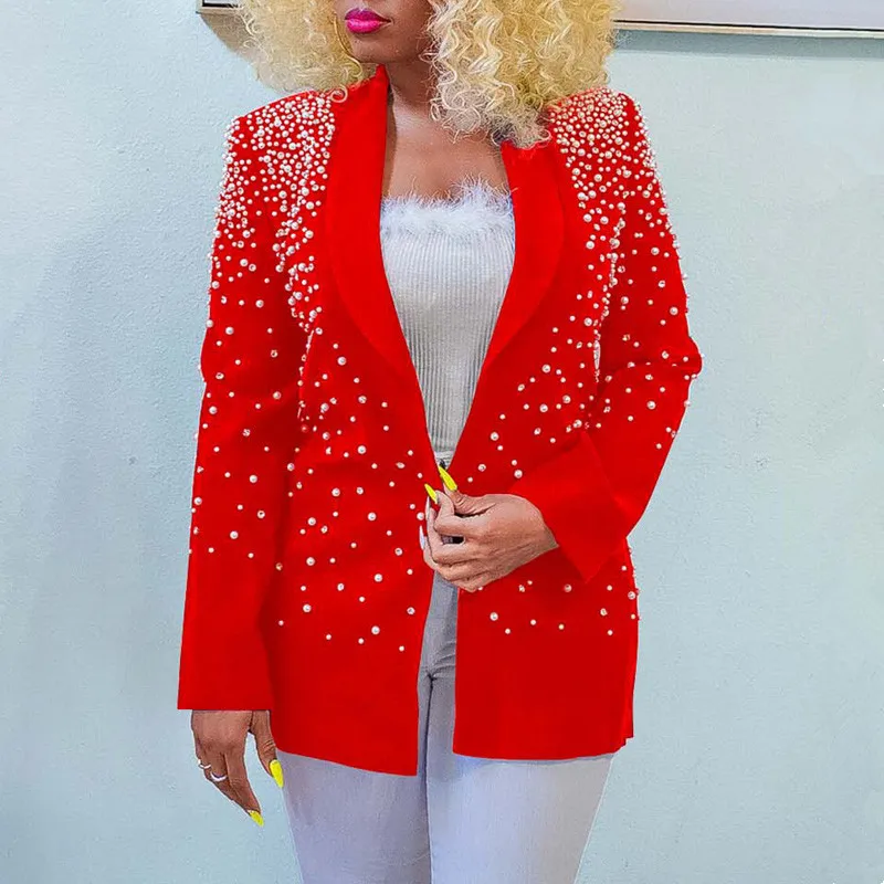 Newest 2023 Stylish Designer Beading Blazers Jacket Women's V-neck Long Sleeve Lapel Long Blazer Outwear